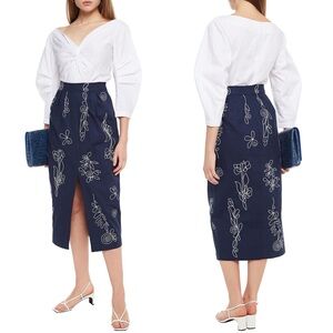 Mara Hoffman Florence Embroidered Navy Pencil Midi Skirt Size 0 Organic Cotton